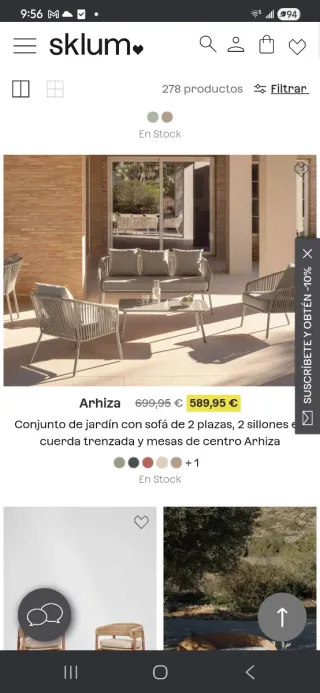 Conjunto de jardín: 1 sofá, 2 sillones y mesa baja