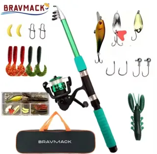 Caña de pesca Bravmack con carrete y señuelos