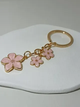 Llavero 3 Flores Cerezo Rosa Dorado