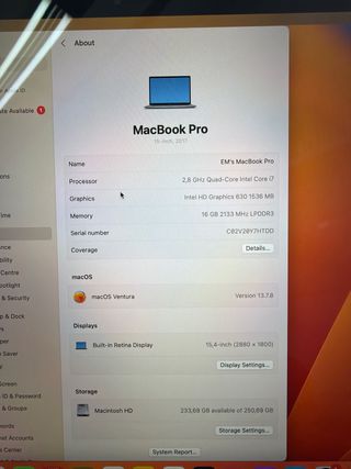MacBook Pro 2017 15” i7 16GB RAM 256GB SSD