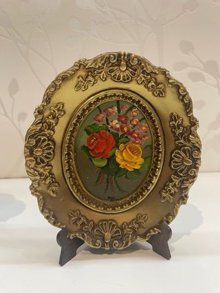 2 Cuadros Antiguos Óleo Flores Marco Dorado