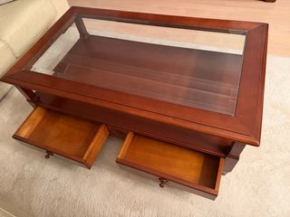 Conjunto mesas salón madera maciza cerezo cristal