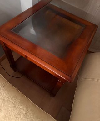 Conjunto mesas salón madera maciza cerezo cristal