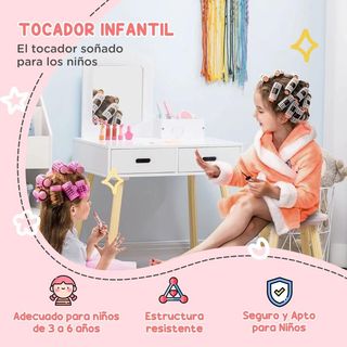 Tocador de Madera Infantil con Taburete y Espejo