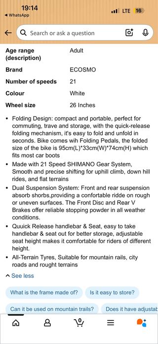 Bicicleta Montaña Plegable 26 ECOSMO