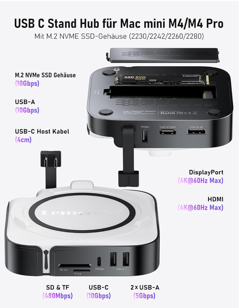 Estación de acoplamiento Lemorele Dock para Mac Mini M4 HDMI DisplayPort 4K afbeelding 3