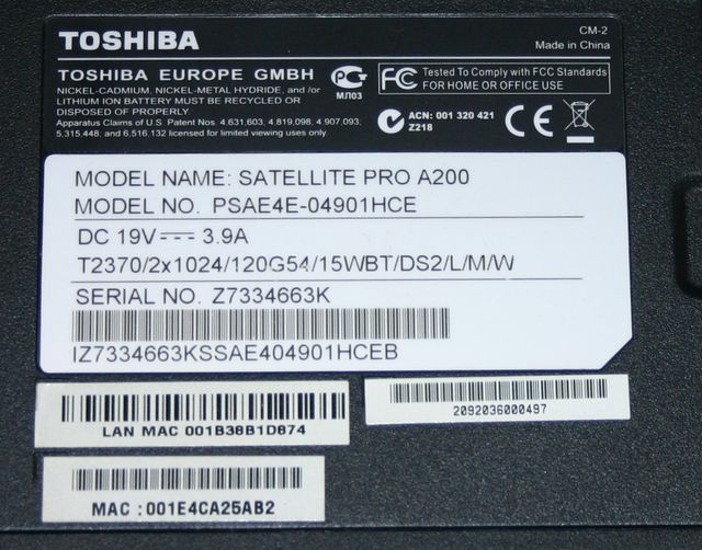 Portátil Toshiba Satellite Pro A200 Windows Xp