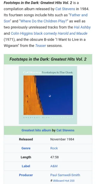 LP de Cat Stevens: "Footsteps In The Dark" (1984)