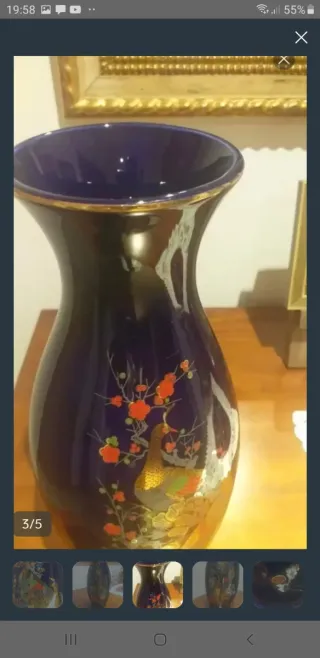 Jarrón porcelana japonés antiguo azul y oro