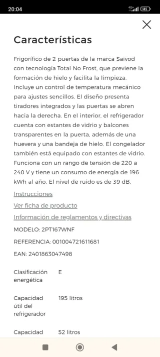 Frigorífico Saivod 2 puertas No Frost, 5 meses uso