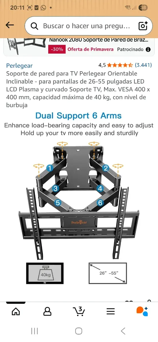 Soporte TV Perlegear Negro afbeelding 4