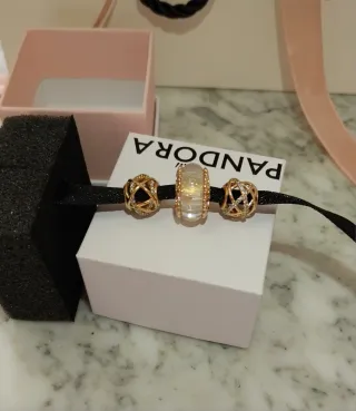 Lote 3 Charms Pandora Oro Rosa y Cristal Murano.