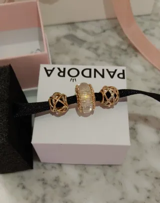 Lote 3 Charms Pandora Oro Rosa y Cristal Murano.
