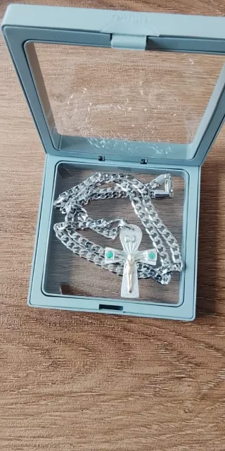 Cadena Cubana S925 26 5mm Dije Ankh Esmeralda