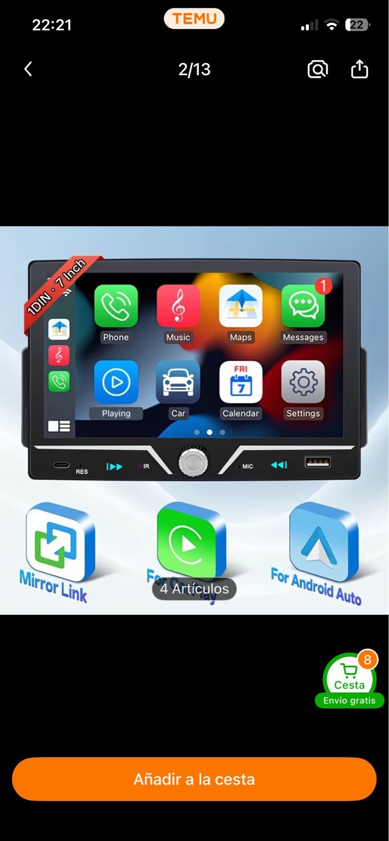 Radio de Coche 1DIN 7 Pulgadas