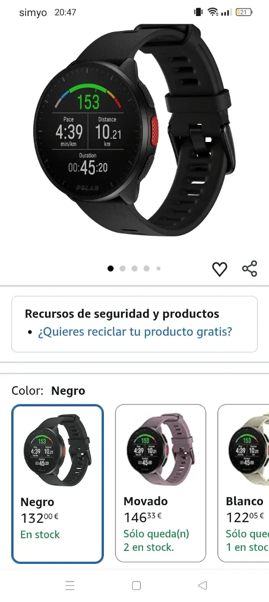 Reloj Polar Pace Negro