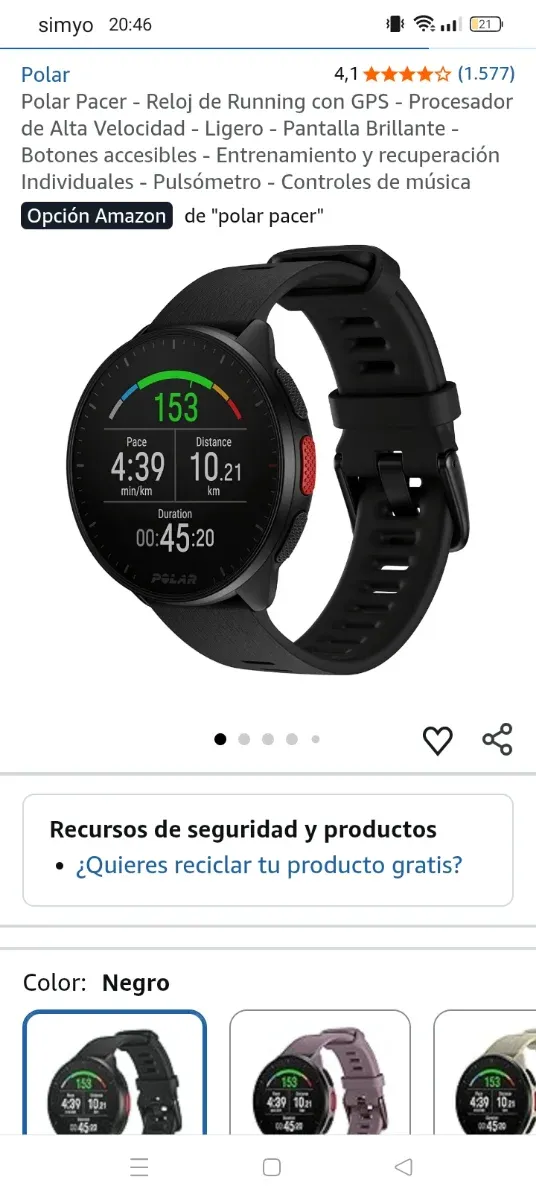 Reloj Polar Pace Negro afbeelding 2