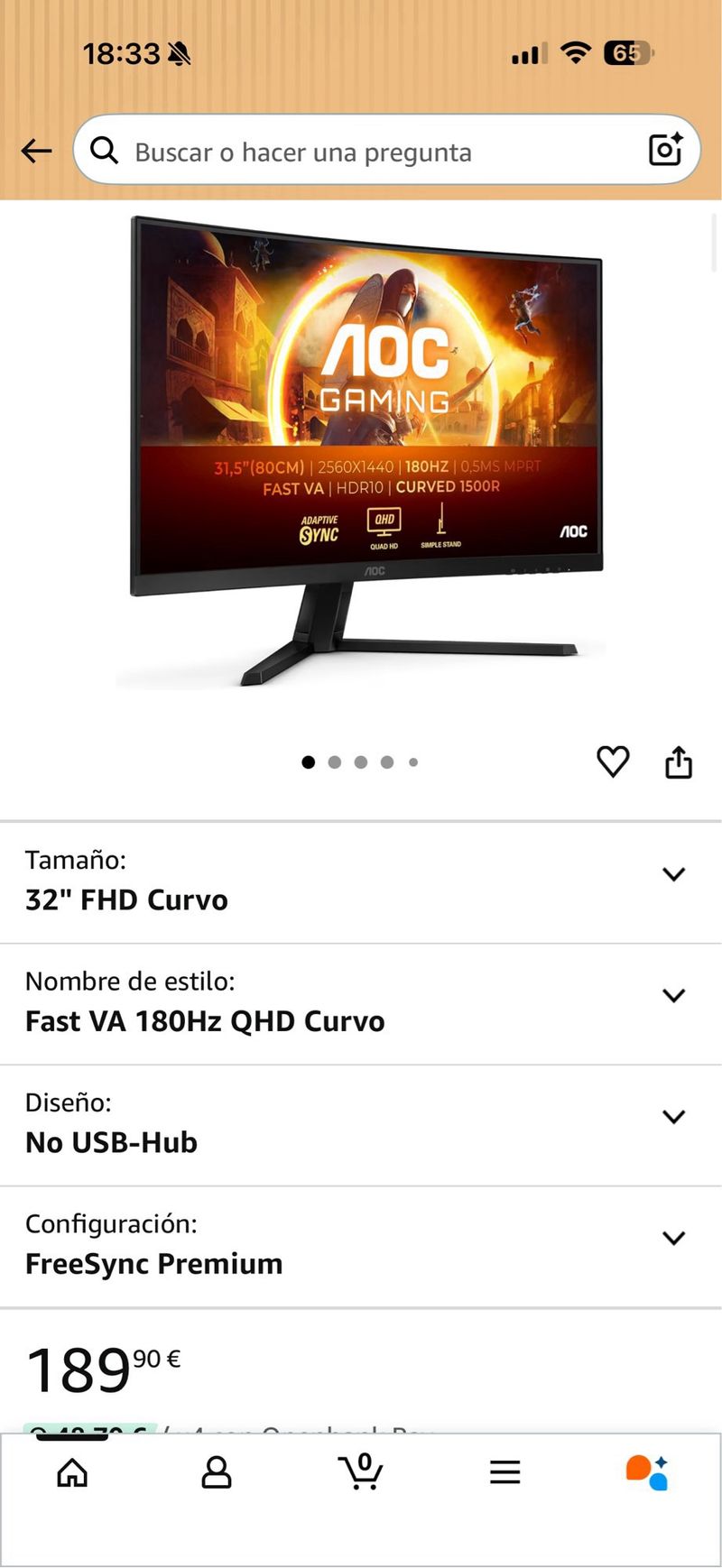 Monitor AOC Curvo 31.5” 2k 180hz afbeelding 2