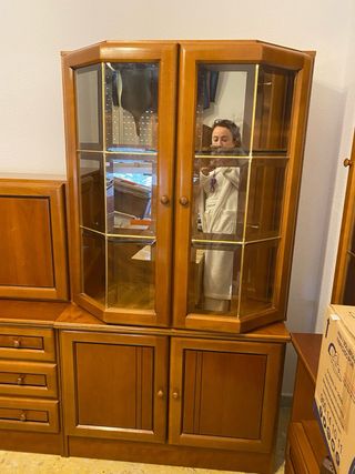 Mueble modular madera cerezo vitrina y cajones