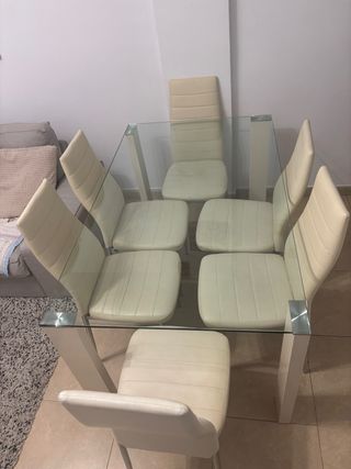 Mesa Comedor Cristal 150x90 + 6 Sillas Beige