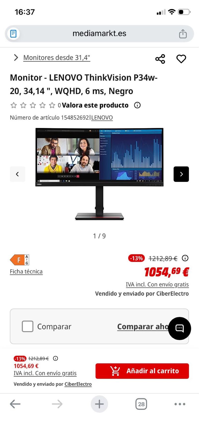 Monitor Lenovo ThinkVision P34w-20 Nuevo