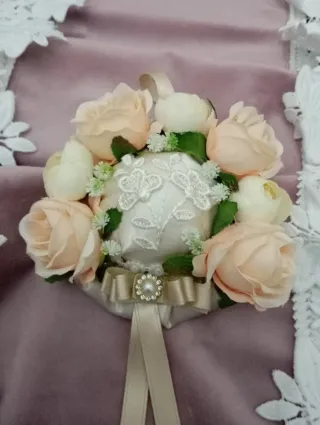 Tris centrini velluto rosa con pizzo e fiocchi