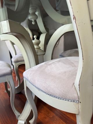 Mesa Octogonal Cristal y 6 Sillas Caoba