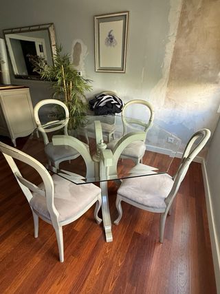 Mesa Octogonal Cristal y 6 Sillas Caoba