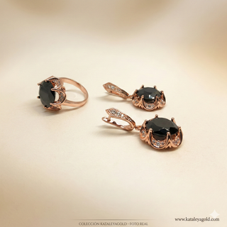 Conjunto Oro Rosa Agata Negra y Circonitas Bogema