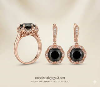 Conjunto Oro Rosa Agata Negra y Circonitas Bogema