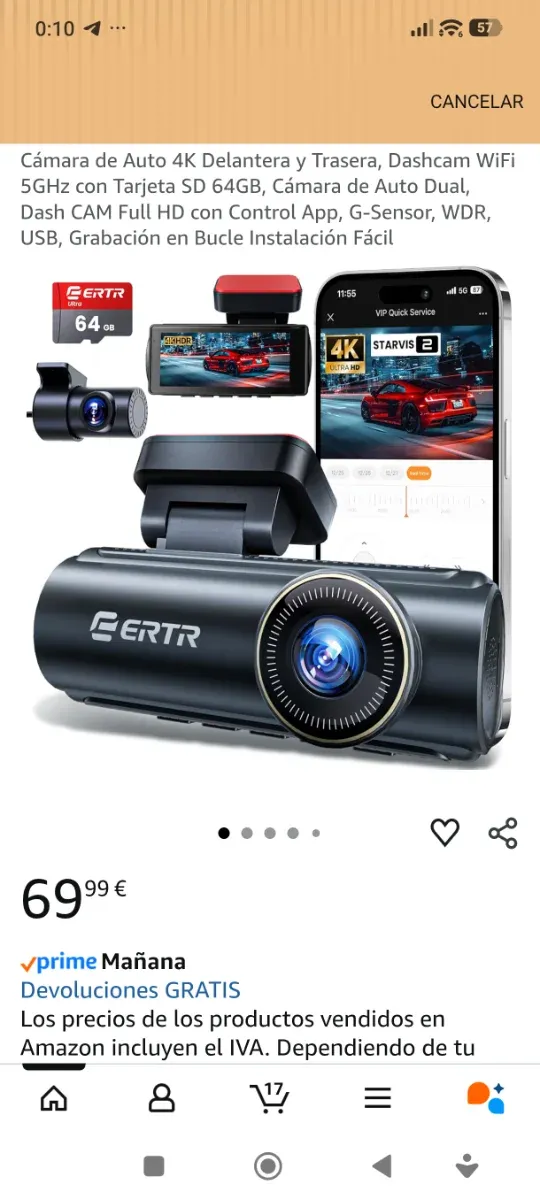 Cámara Dashcam ERT 4K Delantera y Trasera