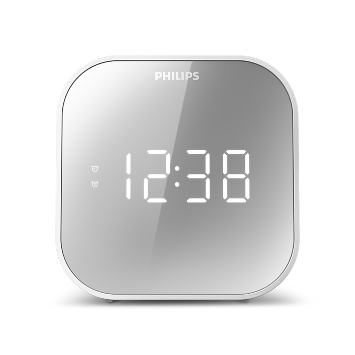TAR4406/12 Despertador Philips Radio, con Pantalla de Espejo para la cabecera, Radio Digital con Doble Alarma, Temporizador para Dormir y función de repetición, batería portátil de Reserva, con USB