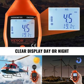 Anemometro portatile, 14℉-113℉, Misuratore digitale di velocità del vento con display LED retroilluminato, misura velocità del vento, temperatura del vento, flusso d'aria, sensazione termica, per navigazione, surf, volo di droni e HVAC