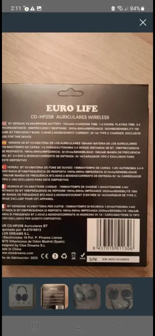 Auriculares Bluetooth 5.0 Euro Life Negros