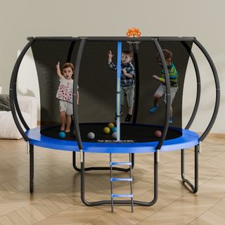 Trampolín de 10 pies, trampolín de 330 lbs con red de protección, escalera y poste curvado, trampolín de alta resistencia con tapiz de salto y acolchado de resorte, trampolines recreativos al aire...