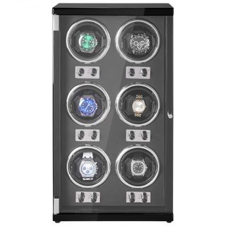 Reloj Winder, Reloj Winder para 6 Relojes Automáticos de Hombre y Mujer, con 6 Motores Mabuchi Japoneses Súper Silenciosos, Luz LED Azul y Adaptador, Carcasa de Tablero de Alta Densidad y PU Negro
