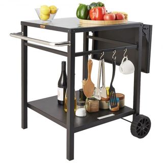 Carrito de Comedor para Parrilla al Aire Libre con Doble Estante, Mesa de Preparación de Comida Móvil para BBQ, Mesa de Hierro Plegable Multifuncional, Carritos Modulares Portátiles para Horno de ...