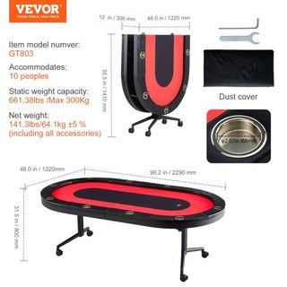 Mesa de Póker Plegable para 10 Jugadores, Mesa de Póker Texas Holdem Blackjack con Barandillas Acolchadas y Portavasos de Acero Inoxidable, Mesa de Juego de Cartas Plegable y Portátil, Mesa de Oci...