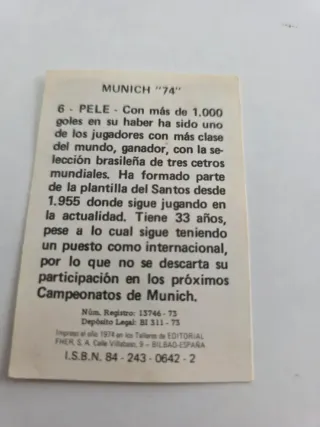 Cromo Pelé Múnich 1974 Fher Original