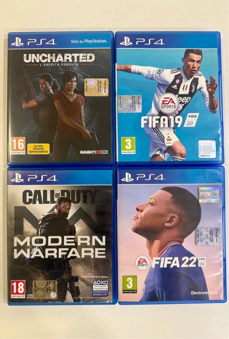 Lote de 4 juegos PS4: Uncharted, FIFA 19, MW, FIFA 22