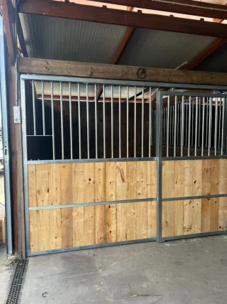 Box para caballos de madera y metal.