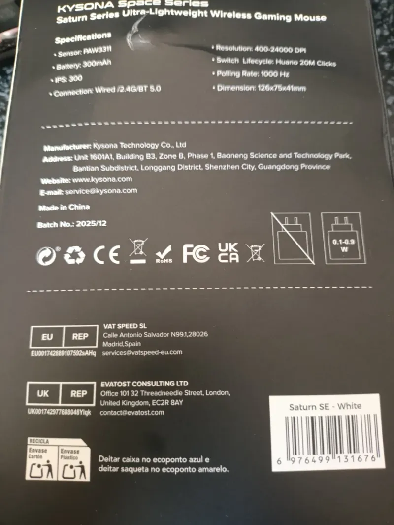 Ratón Inalambrico Ultraligero Gaming Kysona Saturn