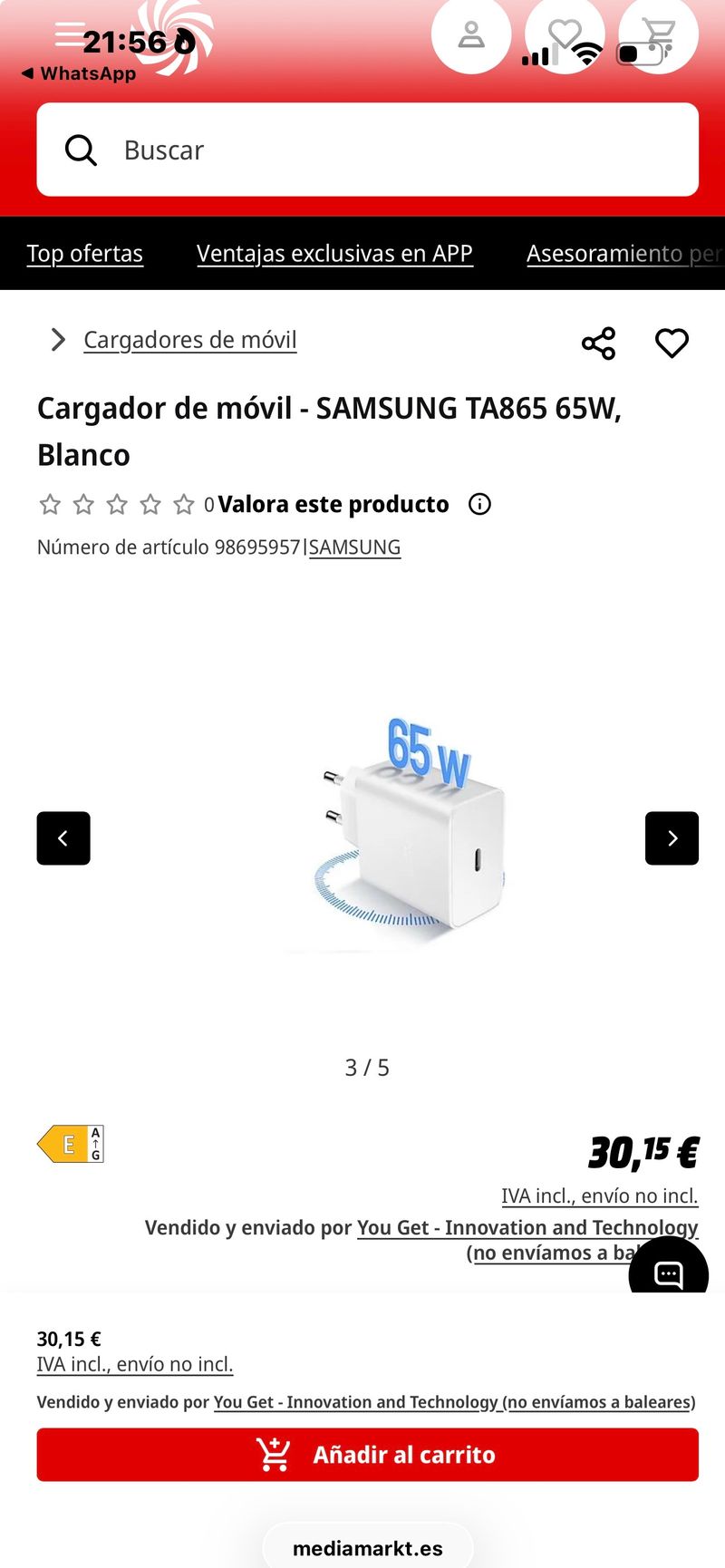 Cargador Samsung EP-TA865 65W afbeelding 4