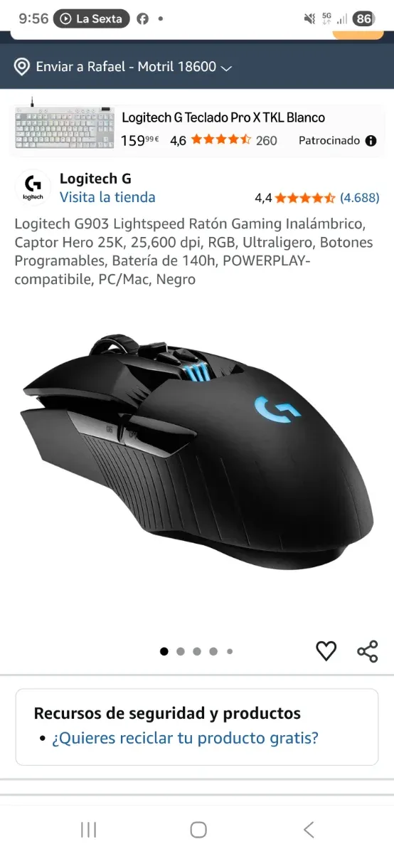 Ratón Logitech G903 Lightspeed Negro