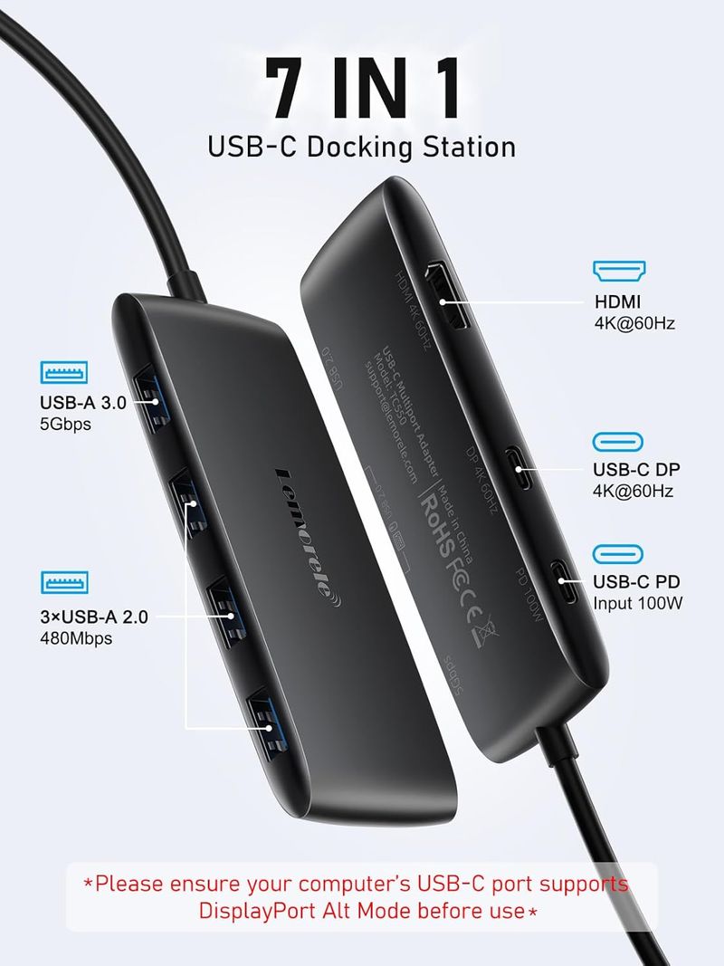 Hub USB-C 7en1 Dual 4K@60Hz HDMI+DP 100W afbeelding 4