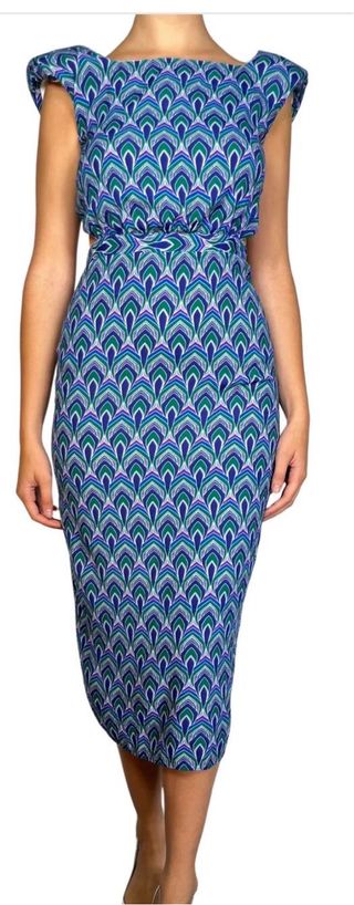 Vestido elegante estampado azul y verde.