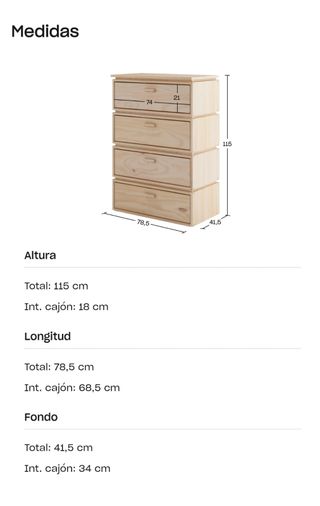 Cómoda 4 cajones madera natural LUFE