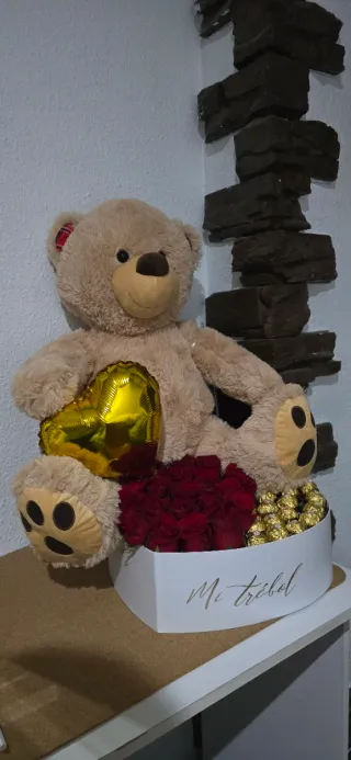 Oso de peluche con rosas y chocolates