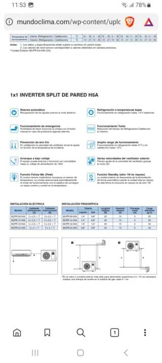 Aire Acondicionado Mundoclima Inverter MUPR-09-H5A