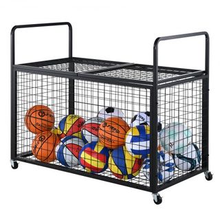 Carro de Almacenamiento de Pelotas Deportivas Rodante, Jaula de Baloncesto Cerrable con Doble Tapa, Organizador de Equipos Deportivos para Uso Interior y Exterior, Estante de Almacenamiento de Ace...